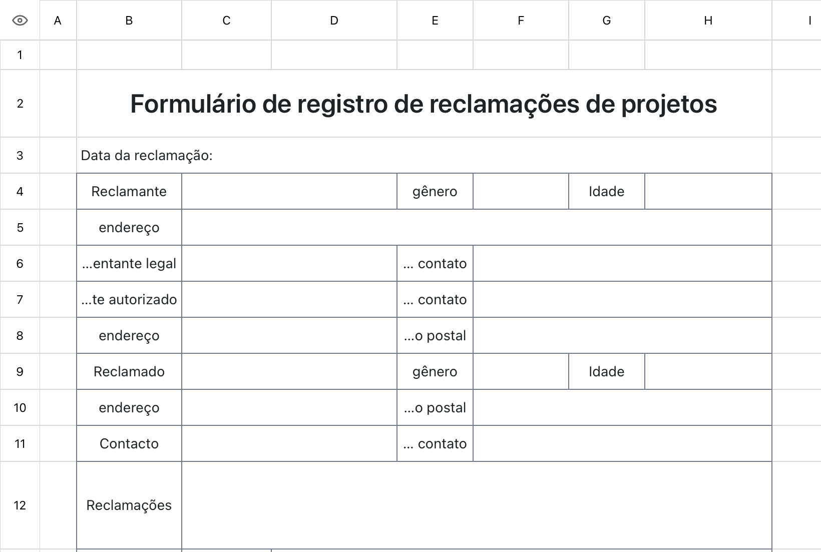 Formulário de registro de reclamações de projetos